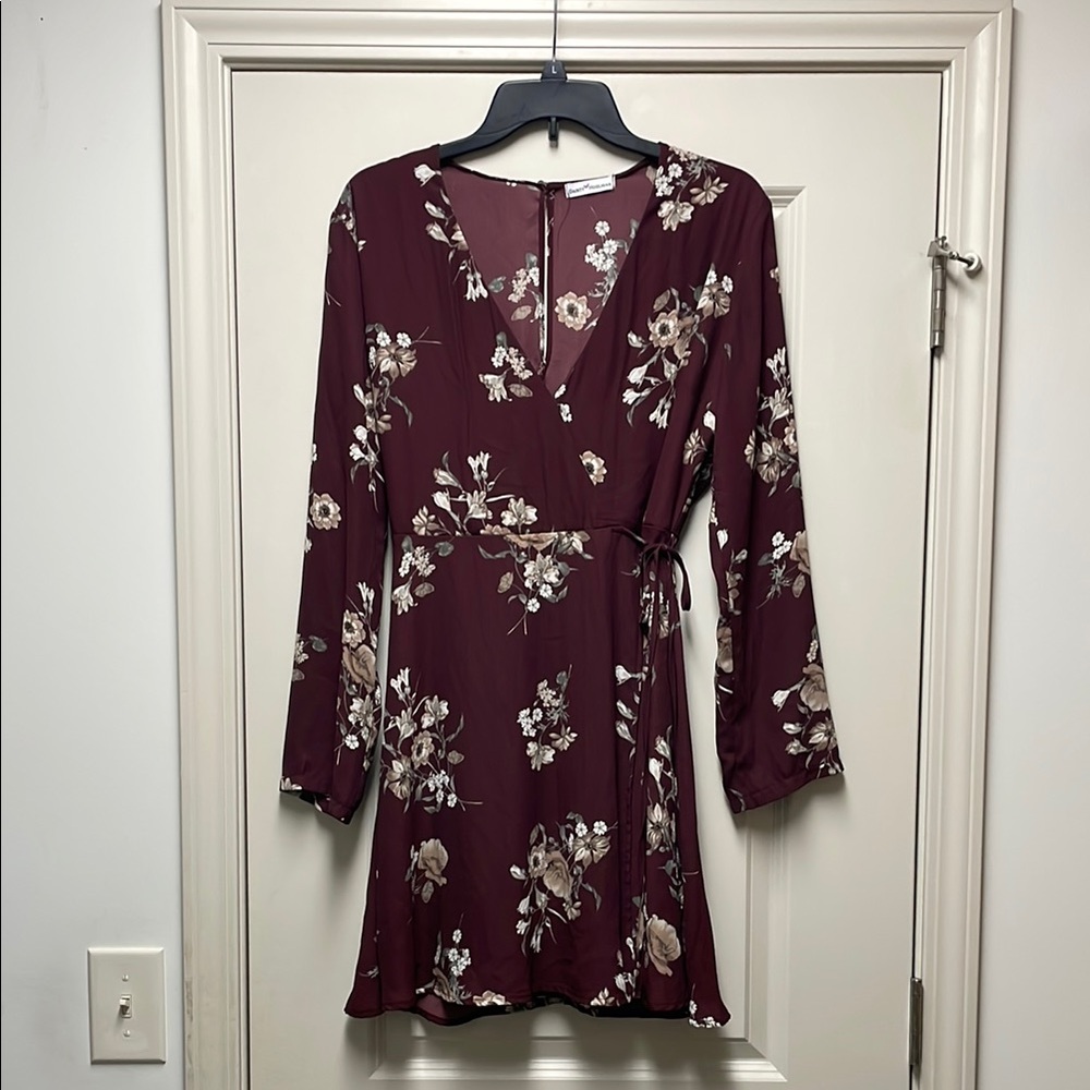 Dainty Hooligan Burgundy and White Bell Sleeve Wrap Dress